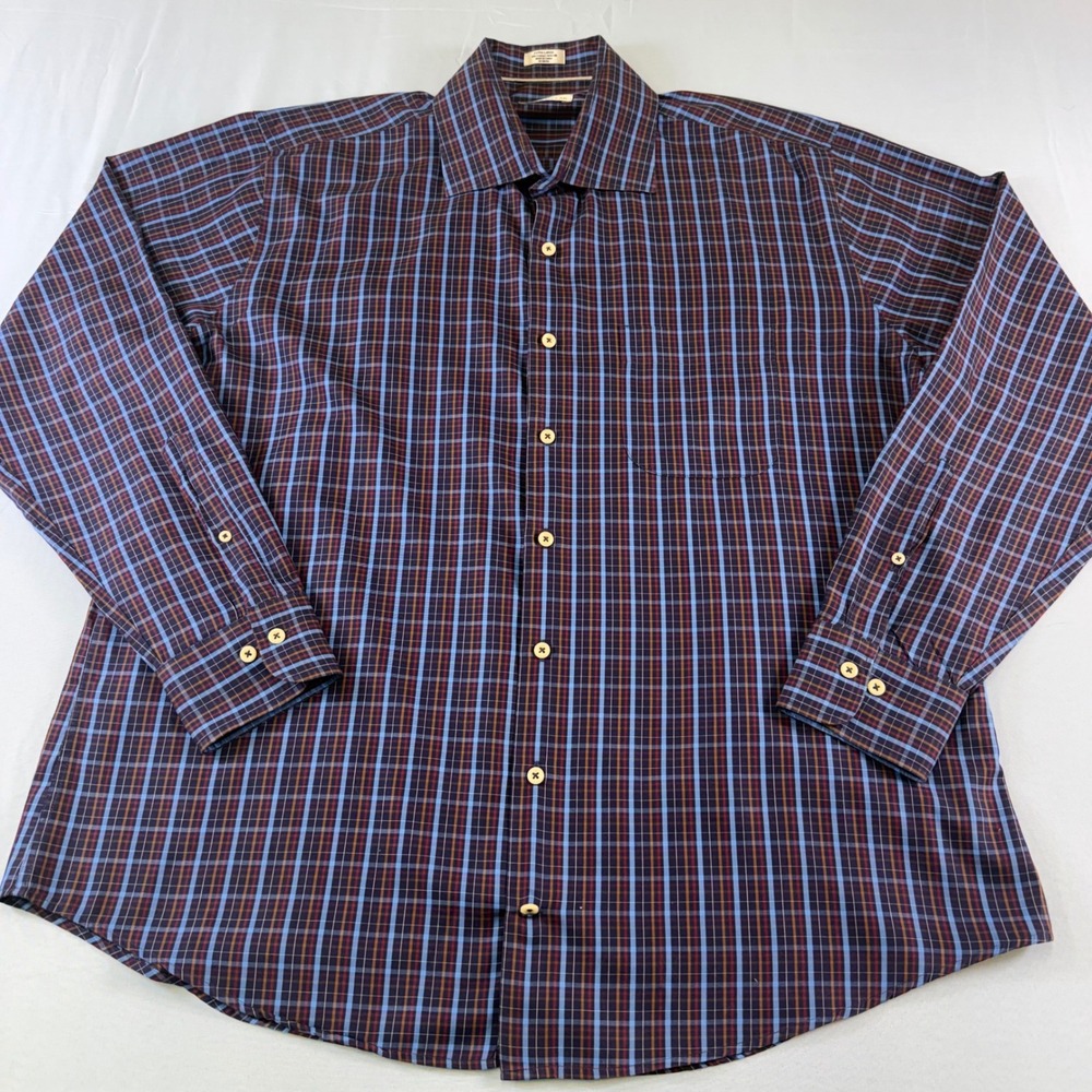 Peter Millar Men's XL Cotton Silk Plaid Button Down Shirt Blue Burgundy MF18W06C